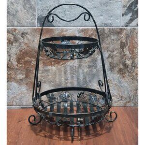 Two Tier Metal Fruit Basket Kitchen Storage Organizer 21" High Vines and Leaves